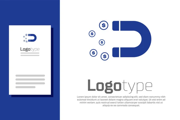 Ímã azul com ícone de dinheiro isolado no fundo branco. Conceito de atrair investimentos, dinheiro. Grande atração e sucesso nos lucros das empresas. Elemento de modelo de design de logotipo. Ilustração vetorial — Vetor de Stock