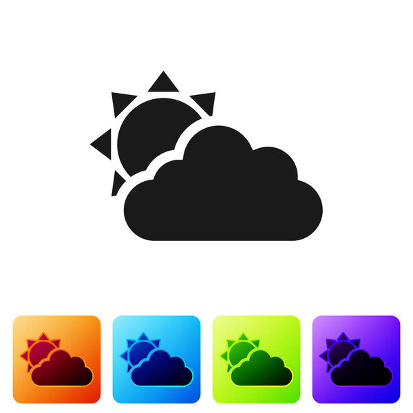 Black Sun and cloud weather icon isolated on white background. Set icons in color square buttons. Vector Illustration