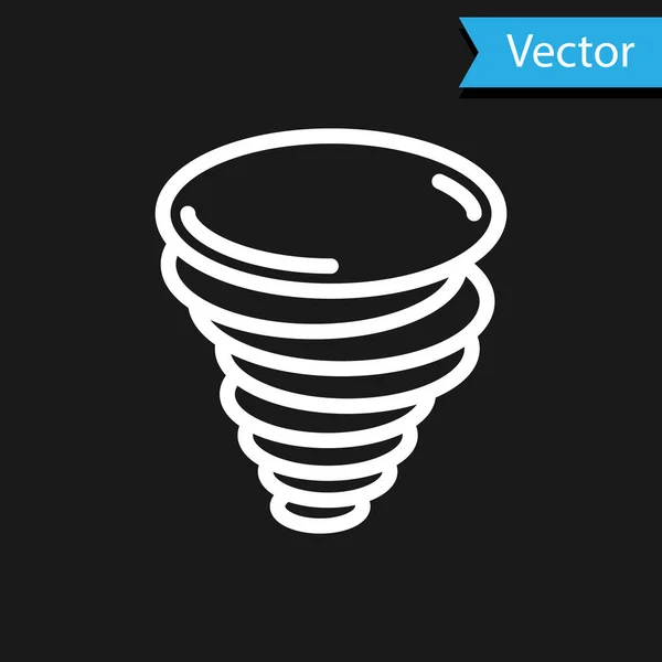 Ícone Tornado branco isolado no fundo preto. Ciclone, turbilhão, funil de tempestade, vento de furacão ou ícone do tempo torcido. Ilustração vetorial — Vetor de Stock