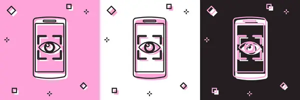 Definir telefone celular e ícone de varredura de olho isolado em rosa e branco, fundo preto. Olho de escaneamento. Símbolo de verificação de segurança. Sinal cibernético. Ilustração vetorial — Vetor de Stock