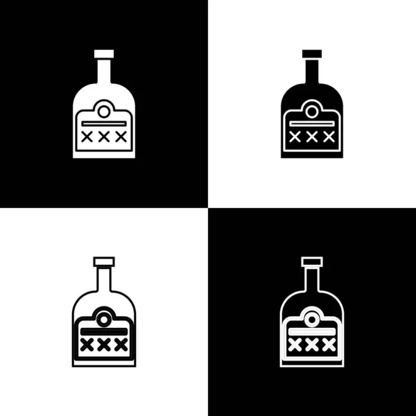 Set Bebida alcoólica Ícone de garrafa de rum isolado em fundo preto e branco. Ilustração vetorial — Vetor de Stock