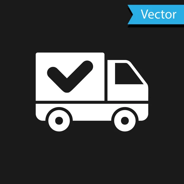 Caminhão de entrega branca com ícone de marca de seleção isolado no fundo preto. Ilustração vetorial — Vetor de Stock