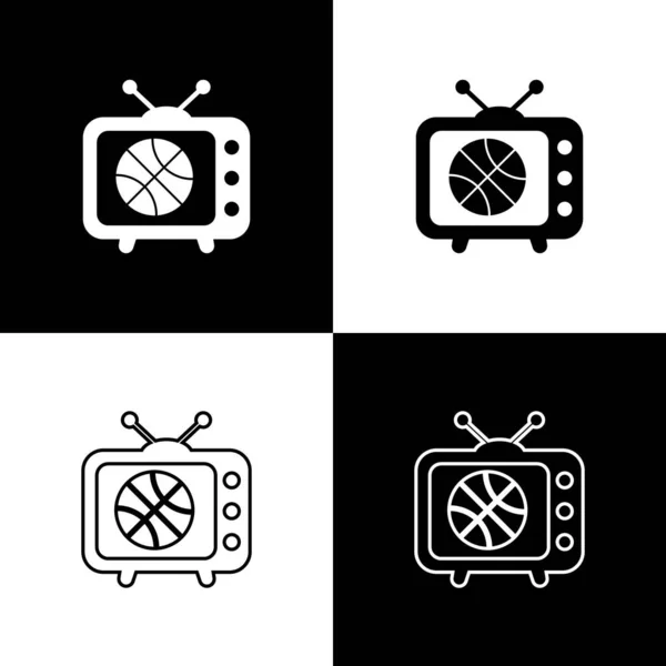 Definir jogo de basquete no ícone do programa de tv isolado no fundo preto e branco. Ilustração vetorial —  Vetores de Stock