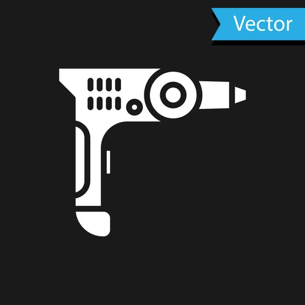 Ícone de máquina de broca elétrica branca isolado no fundo preto. Ferramenta de reparo. Ilustração vetorial — Vetor de Stock