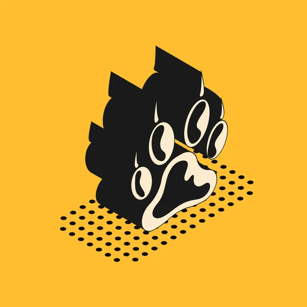 Isométrique icône d'impression patte isolé sur fond jaune. Empreinte de patte de chien ou chat. Piste animale. Illustration vectorielle — Image vectorielle
