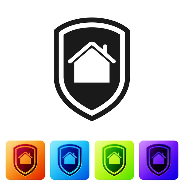 Black House under protection icon isolated on white background. Home and shield. Protection, safety, security, protect, defense concept. Set icons in color square buttons. Vector Illustration — Stock Vector