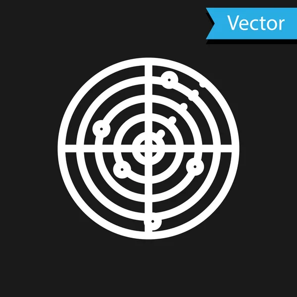 Weißes Radar mit Zielen auf dem Monitor im Suchsymbol isoliert auf schwarzem Hintergrund. Militärsuchsystem. Marinesonar. Vektorillustration — Stockvektor