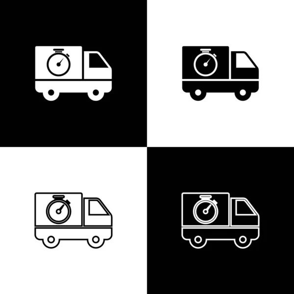 Ρυθμίστε την εφοδιαστική όχημα παράδοσης φορτηγό και χρονόμετρο εικονίδιο απομονωθεί σε μαύρο και άσπρο φόντο. Εικονίδιο χρόνου παράδοσης. Απεικόνιση διανυσματικών φορέων — Διανυσματικό Αρχείο
