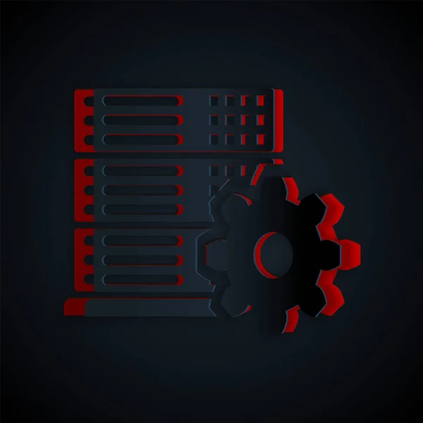 Corte de papel icono de configuración del servidor aislado en fondo negro. Estilo de arte de papel. Ilustración vectorial — Vector de stock