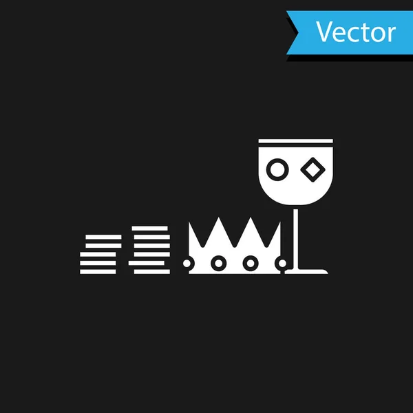 Tesoro blanco y riqueza icono aislado sobre fondo negro. Tesoro, oro, monedas, joyas, corona, copa de oro. Ilustración vectorial — Vector de stock