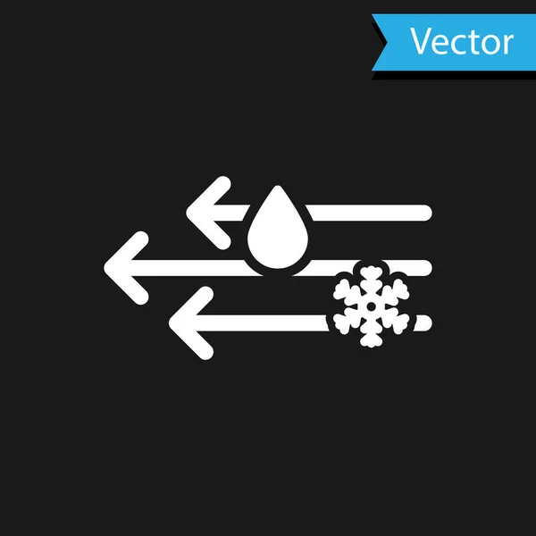 Viento blanco y lluvia con icono de nieve aislado sobre fondo negro. Clima ventoso. Ilustración vectorial — Vector de stock