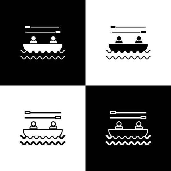 Set barco com remos e pessoas ícone isolado no fundo preto e branco. Esportes aquáticos, esportes radicais, férias, férias, construção de equipe. Ilustração vetorial — Vetor de Stock