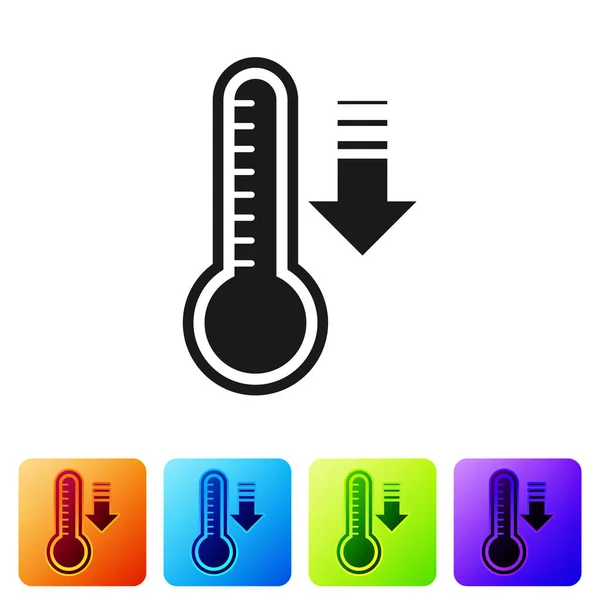 Termômetro de meteorologia preta medindo calor e ícone frio isolado no fundo branco. Equipamento termômetro mostrando clima quente ou frio. Definir ícones em botões quadrados de cor. Ilustração vetorial —  Vetores de Stock