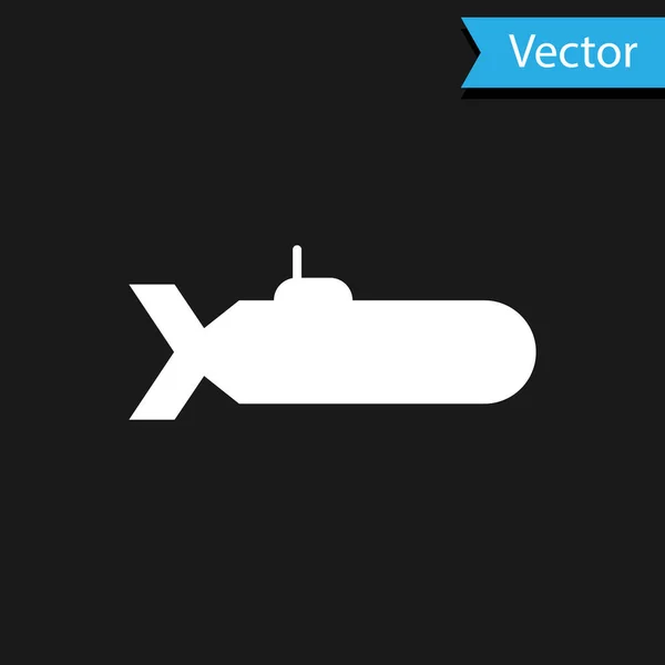 Icono submarino blanco aislado sobre fondo negro. Nave militar. Ilustración vectorial — Vector de stock