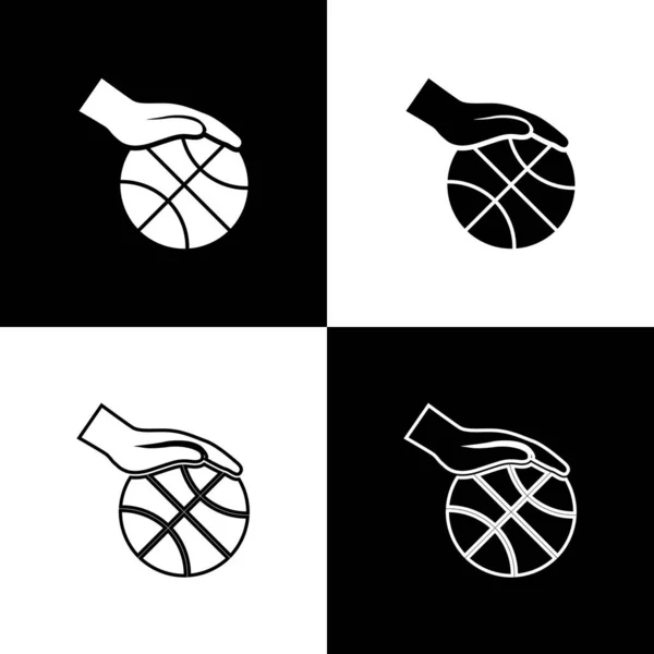 Set Mão com ícone de bola de basquete isolado no fundo preto e branco. Símbolo desportivo. Ilustração vetorial — Vetor de Stock