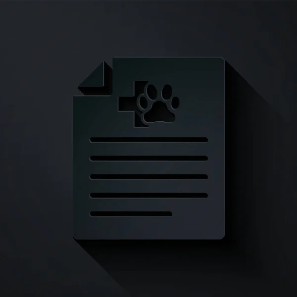 Papier découpé Certificat médical pour voyager avec chien ou chat icône isolé sur fond noir. Document pour animal domestique. Empreinte de patte de chien ou chat. Style art du papier. Illustration vectorielle — Image vectorielle