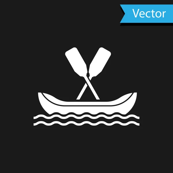 Icono del barco Rafting blanco aislado sobre fondo negro. Kayak con paletas. Deportes acuáticos, deportes extremos, vacaciones, vacaciones, team building. Ilustración vectorial — Archivo Imágenes Vectoriales