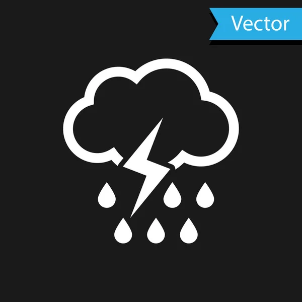 White Cloud with rain and lightning icon isolated on black background. Rain cloud precipitation with rain drops.Weather icon of storm. Vector Illustration — Stock Vector