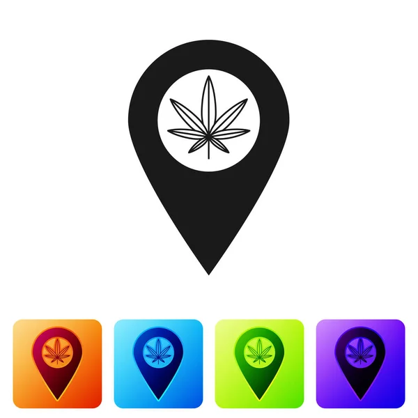 Puntero Mapa Negro e ícono de hoja de marihuana o cannabis aislado sobre fondo blanco. Un símbolo de cáñamo. Establecer iconos en botones cuadrados de color. Ilustración vectorial — Archivo Imágenes Vectoriales
