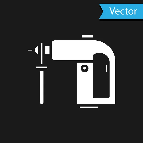 White Electric rotary hammer drill machine icon isolated on black background. Working tool for construction, finishing, repair work. Vector Illustration — Stock Vector