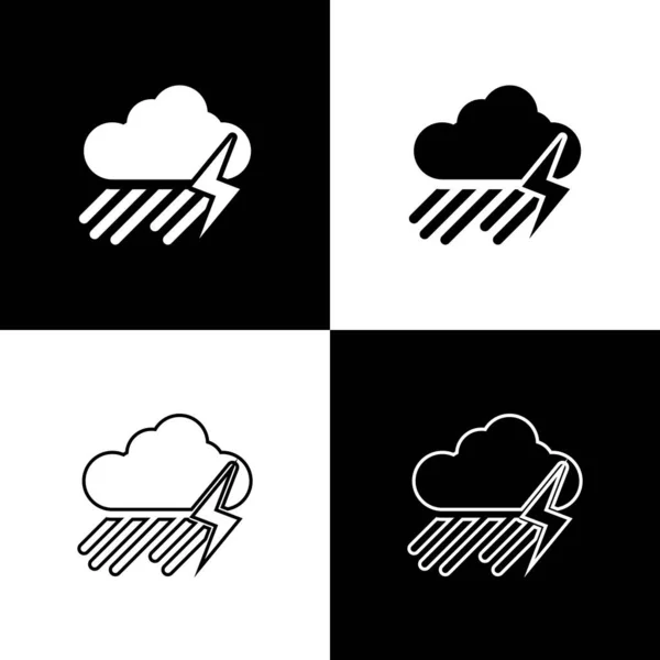 Establecer Nube con lluvia y relámpago icono aislado sobre fondo blanco y negro. Precipitación de nubes de lluvia con gotas de lluvia.Icono meteorológico de la tormenta. Ilustración vectorial — Archivo Imágenes Vectoriales