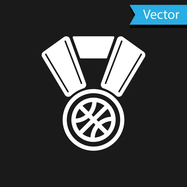 Médaille de basketball blanche avec icône de ruban isolée sur fond noir. Illustration vectorielle — Image vectorielle