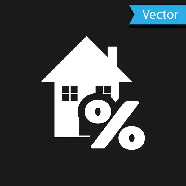 Maison Blanche avec icône percant tag discount isolé sur fond noir. Prix de la maison en pourcentage. Maison immobilière. Symbole de crédit. Illustration vectorielle — Image vectorielle