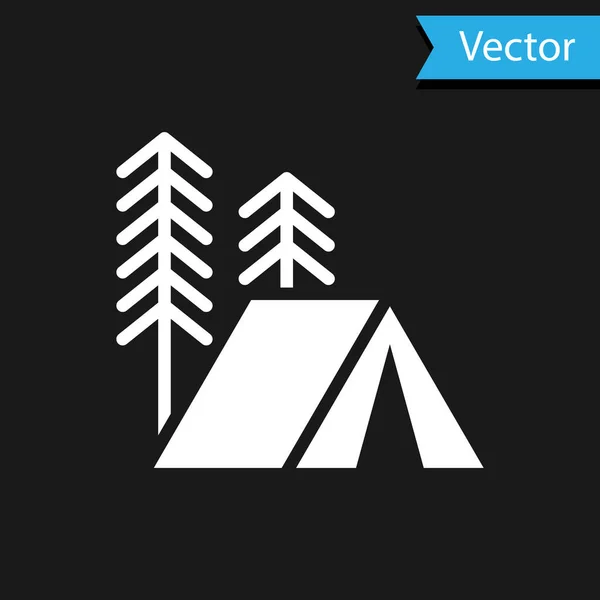 Weißes Touristenzelt-Symbol isoliert auf schwarzem Hintergrund. Zeltlager. Vektorillustration — Stockvektor
