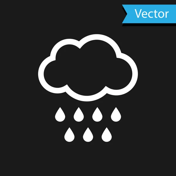 Nube Blanca con icono de lluvia aislado sobre fondo negro. precipitación de nubes de lluvia con gotas de lluvia. Ilustración vectorial — Vector de stock