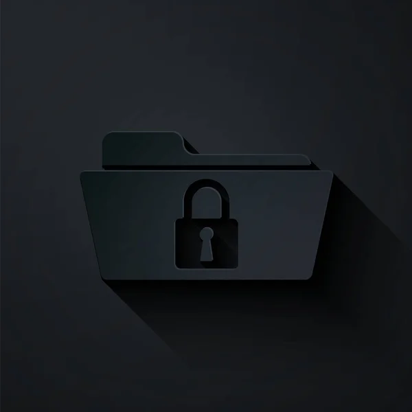 Carpeta de corte de papel y bloqueo icono aislado sobre fondo negro. Carpeta cerrada y candado. Seguridad, seguridad, concepto de protección. Estilo de arte de papel. Ilustración vectorial — Vector de stock