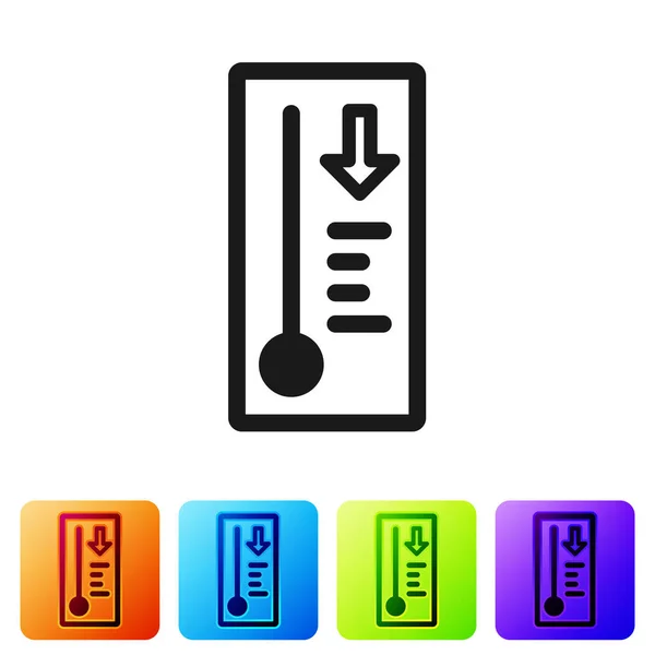 Μαύρο Μετεωρολογικό θερμόμετρο που μετρά τη θερμότητα και το κρύο εικονίδιο που απομονώνονται σε λευκό φόντο. Θερμομετρικό εξοπλισμό που δείχνει ζεστό ή κρύο καιρό. Ορισμός εικονιδίων σε χρωματιστά τετράγωνα κουμπιά. Εικονογράφηση διανύσματος — Διανυσματικό Αρχείο