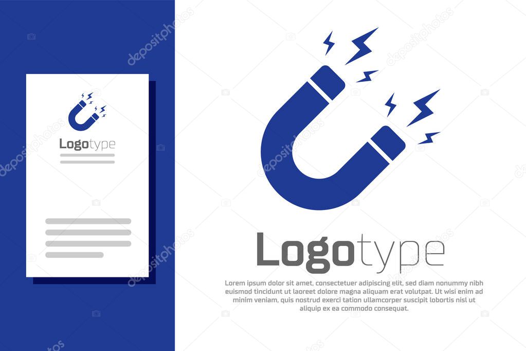 Blue Magnet with lightning icon isolated on white background. Horseshoe magnet, magnetism, magnetize, attraction sign. Logo design template element. Vector Illustration