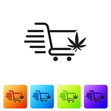 Esrar ya da kenevir yaprağı ikonu olan siyah alışveriş arabası beyaz arka planda izole edilmiş. İnternetten satın alma. Teslimat servisi. Süpermarket sepeti. Renkli kare düğmelerle simgeleri ayarla. Vektör İllüstrasyonu