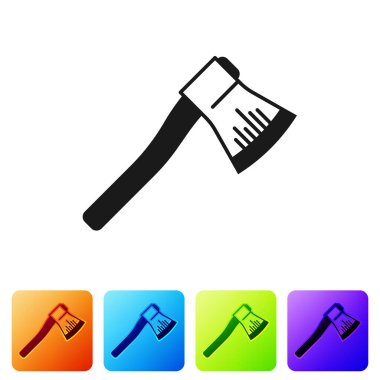 Beyaz arka planda siyah tahta balta simgesi izole edildi. Oduncu baltası. Renkli kare düğmelerle simgeleri ayarla. Vektör İllüstrasyonu