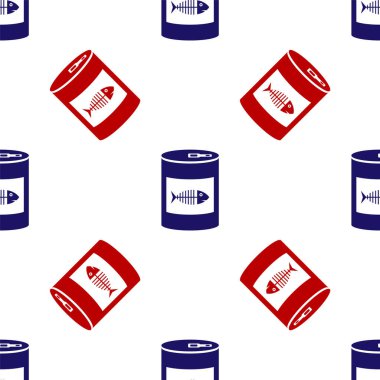 Kedi simgesi için mavi ve kırmızı konserve yiyecekler beyaz arka planda izole edilmiş kusursuz desenler. Balık iskeleti işareti. Hayvanlar için yiyecek. Evcil köpek maması kutusu. Vektör İllüstrasyonu