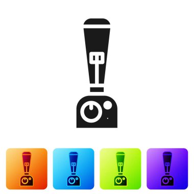 Siyah karıştırıcı simgesi beyaz arkaplanda izole edildi. Mutfak elektrikli kırıcı ve kase. Meyve suyu, kokteyl ya da meyve suyu. Renkli kare düğmelerle simgeleri ayarla. Vektör İllüstrasyonu