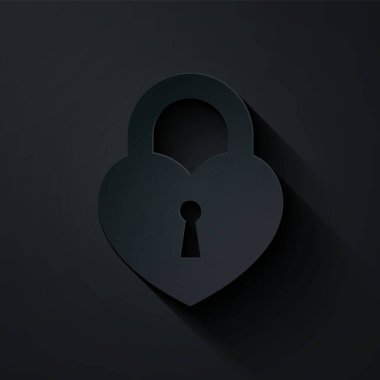 Kağıt kesiği Castle, siyah arka planda izole edilmiş kalp simgesi şeklinde. Kilitli Kalp. Aşk sembolü ve anahtar deliği işareti. Kağıt sanatı tarzı. Vektör İllüstrasyonu