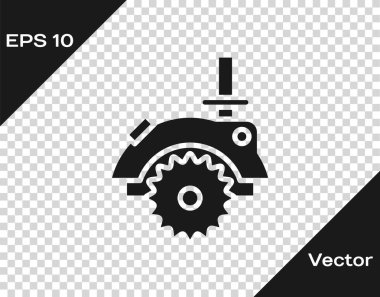 Çelik dişli disk ikonu olan gri elektrikli testere şeffaf arkaplanda izole edilmiş. Tahta ya da metal kesmek için elektrikli el aleti. Vektör İllüstrasyonu