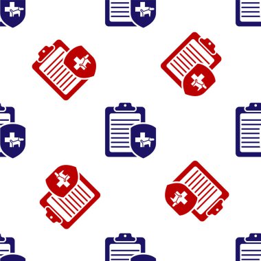 Tıbbi evcil hayvan ikonuna sahip mavi ve kırmızı pano beyaz arka planda izole edilmiş kusursuz desen. Sağlık sigortası formu. Tıbbi kontrol işaretleri raporu. Vektör İllüstrasyonu