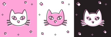 Kedi simgesini pembe beyaz, siyah arkaplanda izole et. Vektör İllüstrasyonu