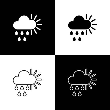 Bulutlu 'yu yağmur ve güneş ikonu ile siyah beyaz arka planda izole et. Yağmur damlaları ile yağmur bulutu yağışı. Vektör İllüstrasyonu