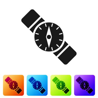 Siyah Pusula simgesi beyaz arkaplanda izole edildi. Rüzgâr yön bulma sembolü. Rüzgar gül işareti. Renkli kare düğmelerle simgeleri ayarla. Vektör İllüstrasyonu