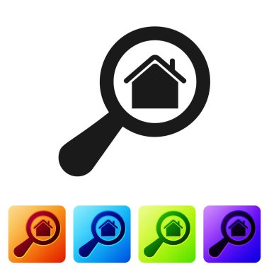 Siyah Arama Evi simgesi beyaz arkaplanda izole edildi. Büyüteç altındaki bir evin emlak sembolü. Renkli kare düğmelerle simgeleri ayarla. Vektör İllüstrasyonu