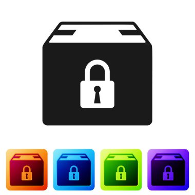 Siyah kilitli paket simgesi beyaz arkaplanda izole edildi. Kilit ve karton kutu. Renkli kare düğmelerle simgeleri ayarla. Vektör İllüstrasyonu