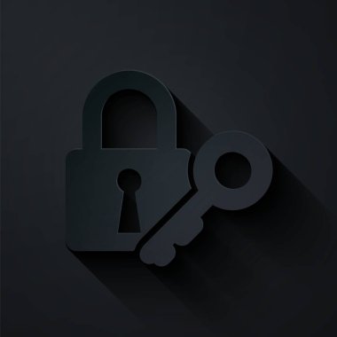 Kağıt kesiği Kilit ve anahtar simgesi siyah arkaplanda izole edildi. Asma kilit işareti. Güvenlik, güvenlik, koruma, gizlilik kavramı. Kağıt sanatı tarzı. Vektör İllüstrasyonu