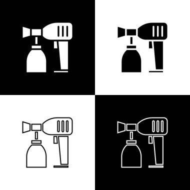 Siyah beyaz arkaplanda izole edilmiş boya sprey tabancası simgesini ayarla. Vektör İllüstrasyonu