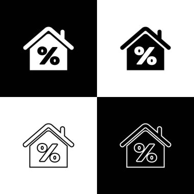 House'u siyah beyaz arka planda yalıtılmış perkant indirim etiketi simgesiyle ayarlayın. Ev yüzdesi işaret fiyatı. Emlak evi. Kredi yüzdesi sembolü. Vektör İllüstrasyonu