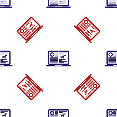 Laptop ikonundaki mavi ve kırmızı klinik kayıt köpeği beyaz arka plandaki kusursuz deseni izole etti. Sağlık sigortası formu. Reçete, tıbbi kontrol işaretleri raporu. Vektör İllüstrasyonu