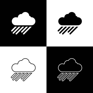 Bulut 'u yağmur simgesiyle siyah beyaz arkaplanda izole et. Yağmur damlaları ile yağmur bulutu yağışı. Vektör İllüstrasyonu