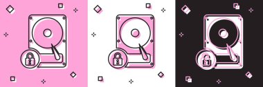 Hard disk sürücüsünü ve kilit simgesini pembe beyaz ve siyah arkaplanda izole et. Yüksek çözünürlük ve asma kilit. Güvenlik, güvenlik, koruma kavramı. Vektör İllüstrasyonu